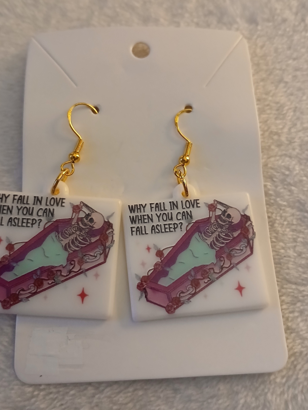 Skeleton & Coffin Halloween "Why Fall In Love When You Can Fall Asleep" Earrings